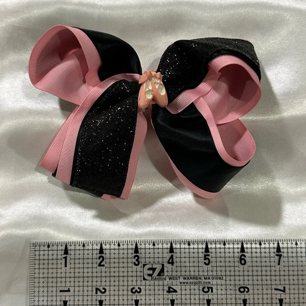Black & Pink Glitter Hair Bow w/Ballet Shoe Charm- bundle and save on shipping